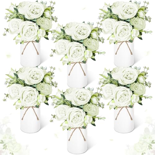 Domensi 6 Sets Wedding Floral Centerpiece for Table Decor, Artificial Peonies Silk Flowers Bouquet with Flower Foam and Me...