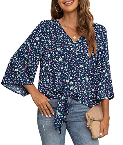 VIISHOW Women's Button V Neck Chiffon Tops 3/4 Bell Sleeve Tie Knot Casual Blouses Loose Summer Shirts