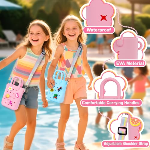 Oudizz Mini Rubber Tote Bag, Silicone Beach Tote for Little Girl & Woman, Cute Bag with 20 Charms & Adjustable Shoulder Strap