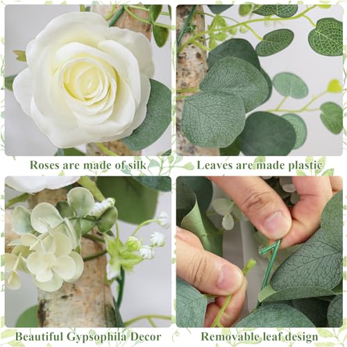 TOCHGREEN 4Pcs(26 Ft) Artificial Eucalyptus & White Rose Flower Garland, Faux Rose Vine & Gypsophila Greenery for Party & ...