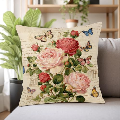 Kwlegh Vintage Rose Flower Pillow Covers Spring Summer Butterfly Floral Throw Pillow Covers 18x18 Set of 2 Rustic Rose Far...