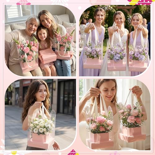 Kolldenn 12 Pack Clear Pink Flower Bouquet Bags with Handle, 9.45 Inch Mother's Day Boxes for Floral Arrangement, PVC Wate...
