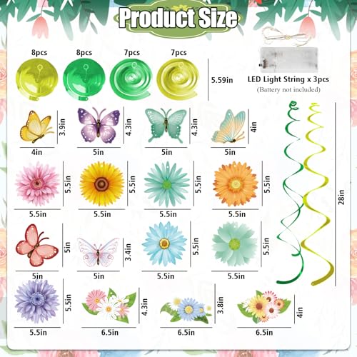 33pcs Spring Hanging Decorations for Home - Flower Butterfly Hanging Swirls with Led Lights for Spring Summer Easter Flowe...