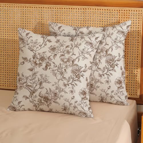 GOLIANDA Brown Pillow Covers 16x16 Set of 2 Brown and Cream Floral Chinoiserie Throw Pillows Vintage Rustic Toile Flower D...
