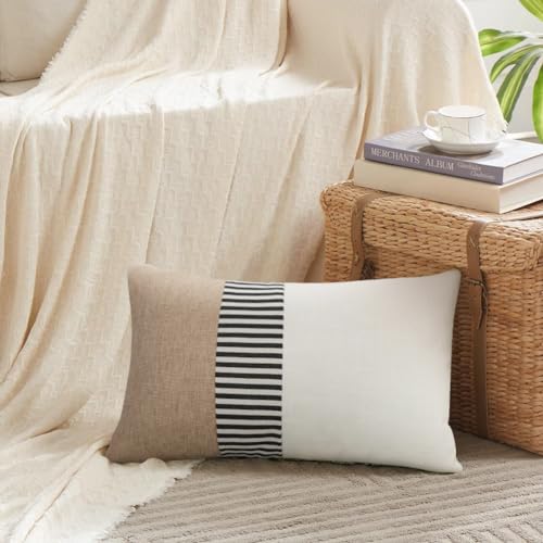 Farmhouse Decorative Lumbar Throw Pillow Covers 18x18 Set of 2, Boho Modern Accent Square Pillow Covers Black and Beige St...