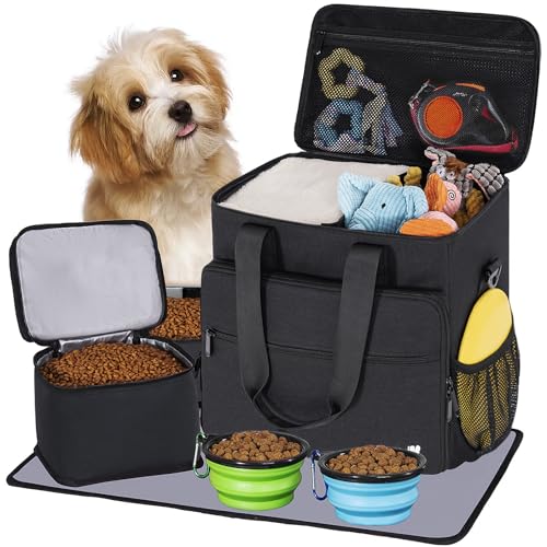 LASUK Dog Travel Bag, Large Pet Travel Set with Multi-Function Pockets, 2 Food Storage Containers, 2 Collapsible Bowls, 1 ...