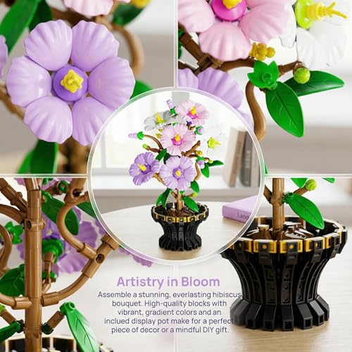 YINGYIWH Hibiscus Flower Building Set for Adults, 520 Pcs Artificial Flower Bouquet Kit, Creative Home Decor Building Bloc...