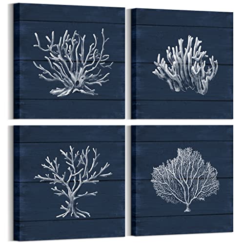 HOMEOART Coral Canvas Wall Art Prints Ocean Navy Blue Coastal Artwork Beach Home Decor Picture Framed Ready to Hang 12"x1...