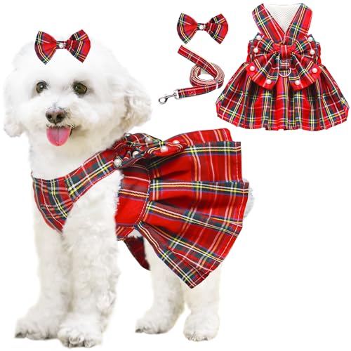 Dog Dress Bowknot Harness Leash Set for Small Dogs Girl Cute Plaid Dog Dress Pearls Bow Tie Spring Summer Princess Clothes...