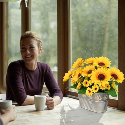 hopeme Artificial Flowers Fake Sunflowers in Pot, Faux Silk Flowers Floral Table Centerpiece Decoration, Rustic Potted Gre...
