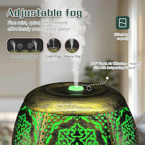 500ml Metal Essential Oil Diffuser, Antique Gold Aromatherapy Diffuser, Moroccan Hollow Out Design, 7 Color LED, Timer, Au...