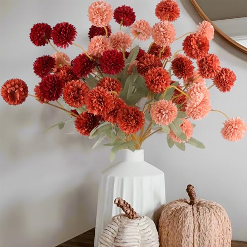 Hananona 12 Pcs Artificial Chrysanthemum Flowers, Orange Kiku Pom Pom Mums Flower Faux Fall Floral for Autumn Halloween Ki...