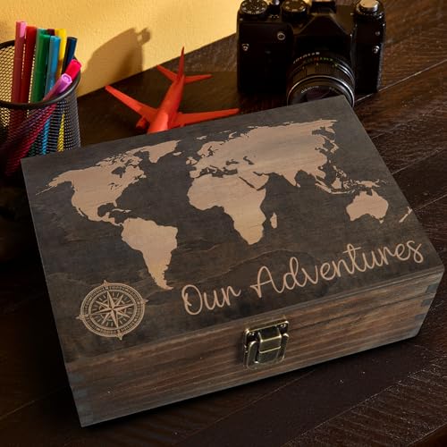 Engraved Adventure Memory Box – Wooden Keepsake Box for Travel Memories, Camping, Couples and Valentine’s Day, Rustic Stor...