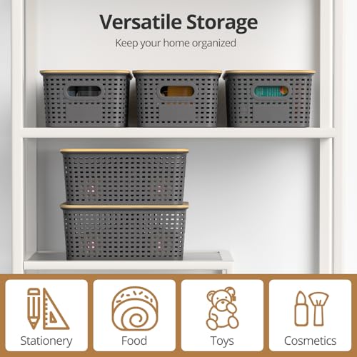 ZFTMRR Plastic Storage Baskets with Bamboo Lids, Stackable Small Box Bins for Organizing and Containers for Shelves Drawer...