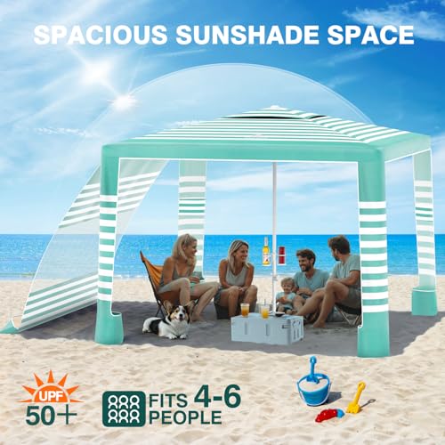 Rhino Valley Beach Cabana, 8 * 8FT Beach Tent UPF50+ Protection, Easy Setup Beach Canopy Wind Resistant with Cup Holder, C...