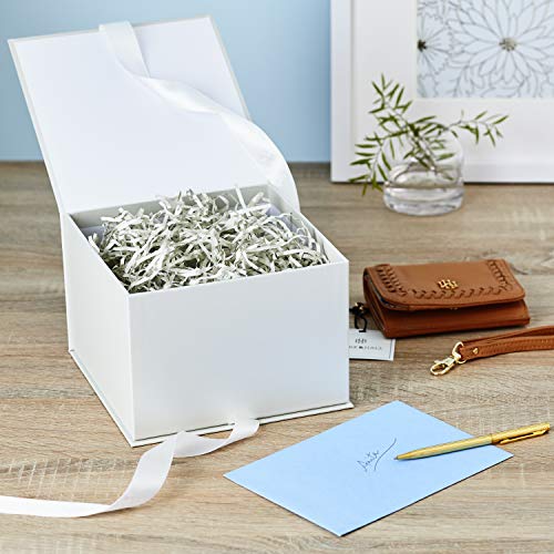 Hallmark Medium Gift Box with Lid and Shredded Paper Fill (Grey White 7 inch Box) for Weddings, Bridal Showers, Graduation...