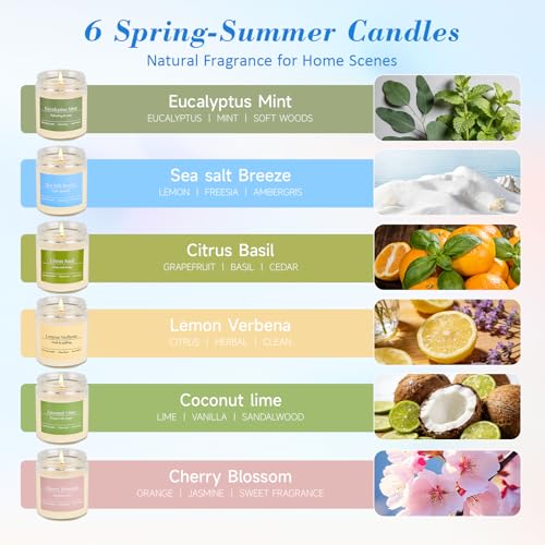 6 Pack Spring Summer Scented Candles Set for Women, Natural Non-Toxic Aromatherapy Candles with Lemon Verbena/Sea Salt Sce...