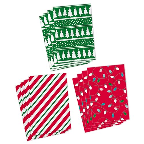Hallmark Medium Christmas Gift Boxes with Lids (12 Shirt Boxes, 3 Designs: Lights, Trees, Red and Green Stripes) for Chris...