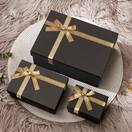 Airuisike Black Gift Boxes with Gold Ribbons & Bows - (3 Sizes) Sturdy Gift Boxes with Lids for Presents - Elegant Gift Wr...