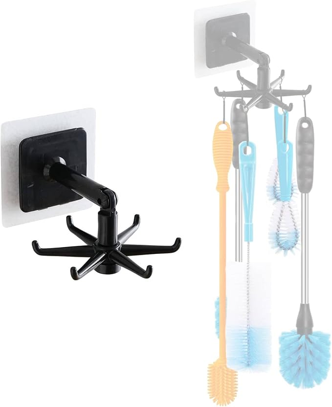 YeeBeny Water Bottle Brush Holder 360 Degrees Rotating Folding Hook Self-Adhesive 180 Degrees Vertical Flip Hook, Baby Bot...