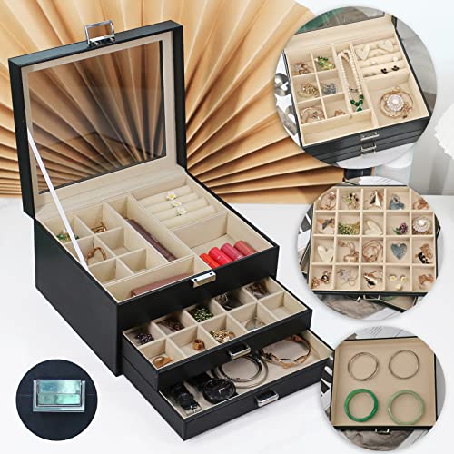 BOOVO Clear Lid Jewelry Box,3 Layers Jewelry Organizer Large Multi-Functional Jewelry Storage Box with 2 Drawers,Jewelry D...