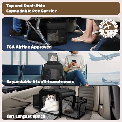 Top and 2 Sides Expandable Pet Carrier 17x11x9.5, TSA Airline Approved Small Dog Carriers for Small Dogs, Soft-Sided Cat C...