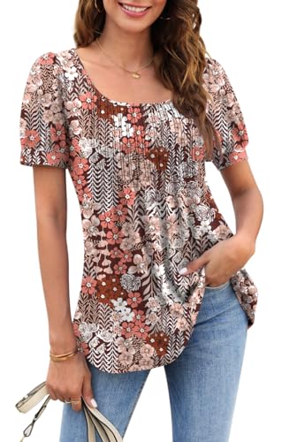 Zwurew Women's Summer Casual Puff Short Sleeve T-Shirts Square Neck Pleated Flowy Trendy Tunic Tops for Leggings S-2XL