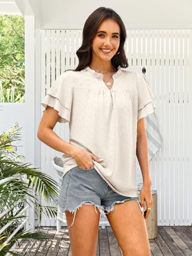 Womens Summer Tops Trendy Blouses Dressy Casual Flowy Swiss Dot Ruffle Short Sleeve Shirts