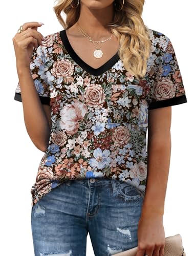 Geifa Womens T Shirts Short Sleeve V Neck Loose Casual Summer Tops 2026 with Pocket