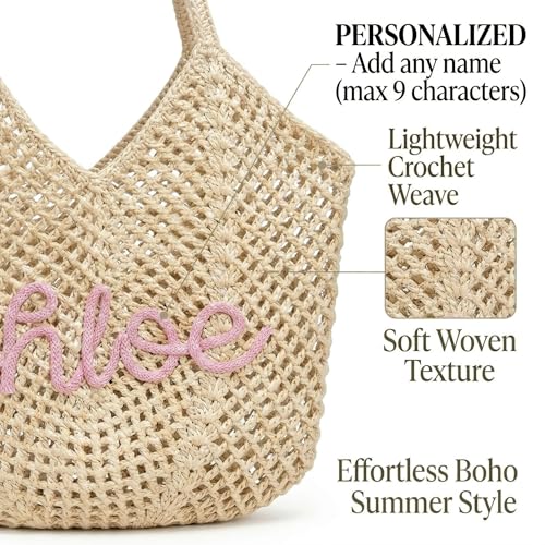 OHWIPI Personalized Crochet Beach Bag for Women, Custom Name Woven Tote Bag, Hand Embroidered Text, Lightweight Summer Bea...
