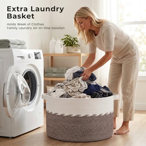 OIAHOMY 90L Blanket Basket for Living Room, Large Basket 23" x 23" x 13" with Handle, Laundry Hamper for Blankets, Pillow...