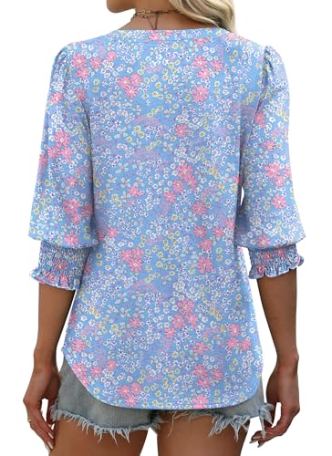 XIEERDUO Blouses for Women Dressy Casual 3/4 Length Sleeve Womens Tops V Neck T Shirts with Smocked Cuffs