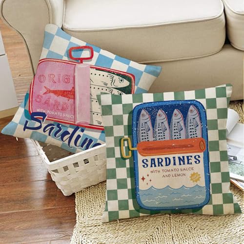 Fjfz Sardines Can Decorative Throw Pillow Covers 20 x 20 Set of 4, Beach Coastal Fish Fisherman Aesthetic Porch Outdoor Ho...
