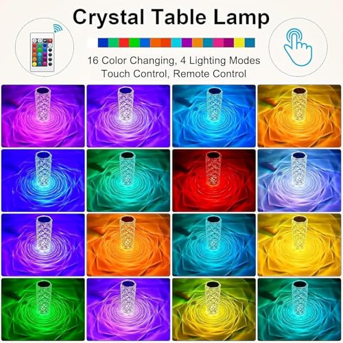 Crystal Table Lamp Touch, 16 Color Changing Night Light, Rechargeable, Dimmable, RGB Rose Diamond Ambient Mood Lighting, P...
