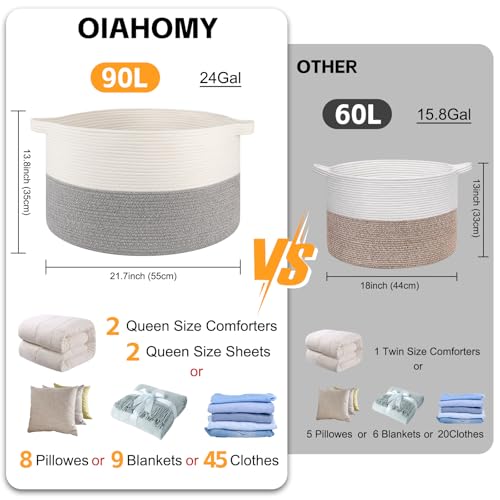 OIAHOMY 90L XXXLarge Blanket Basket for Living Room, 21.7" x 13.8" Woven Cotton Rope Laundry Basket for Organizing Pillow...