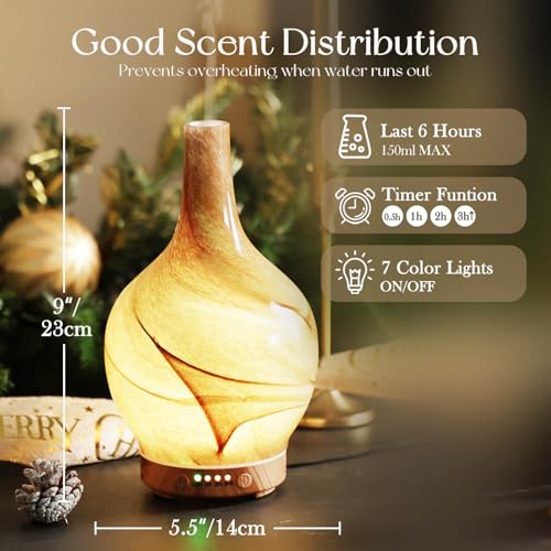 Porseme 150ml Glass Essential Oil Diffuser Aromatherapy Ultrasonic Cool Mist Humidifier 6 Running Hours Waterless Auto-Off...