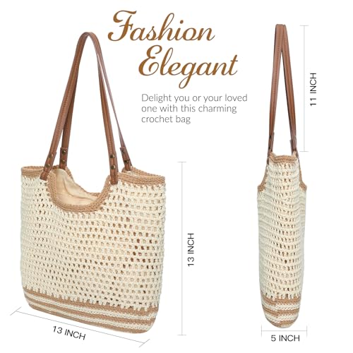 Pleneal Crochet Beach Bag, Summer Woven Tote Bag with Lining, Soft Purse Shoulder Bags for Vacation