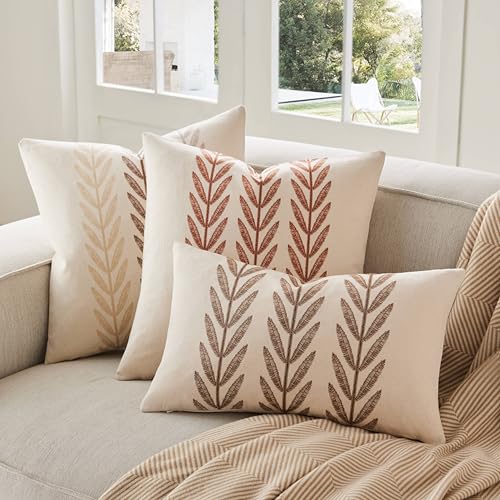 YZJZEDS 100% Cotton Farmhouse Leaves Throw Pillow Covers Set of 2, 18x18 Inch Mixed Beige Pastoral Decorative Print Cushio...