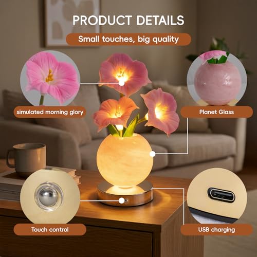 SXDLED Pink Morning Glory Lamp – Rechargeable Wireless Touch-Control Dimmable Faux Flower Desk Light, LED Glass Planet Vas...