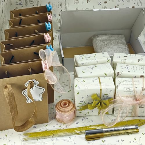 SOHOMEG DIY Gift 6-Set Packaging kit-Includes:Kraft Paper Bag,Metal Pen,Wrapping Paper,Box,tag,Pull Bow,Ribbon,Tape,Clip,S...