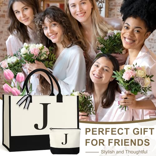 GENGBIN Personalized Canvas Tote Bag for Women Makeup Pouch Initial Beach Bag Removable Bottom Board for Travel Birthday