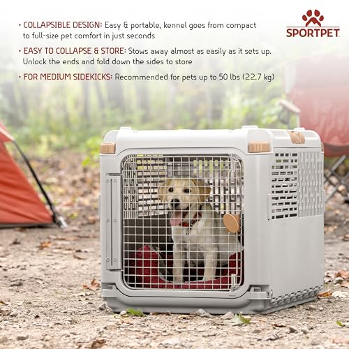 SportPet Designs Collapsible Medium Pet Travel Carrier (Tan), Hard-Sided Kennel for Medium Dogs, Puppies, Cats, Kittens, A...