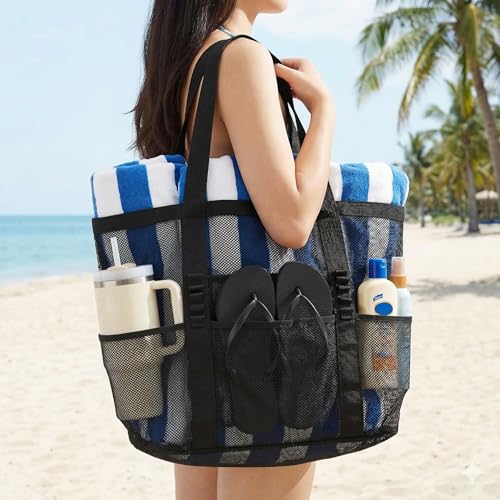 wanchel Mesh Beach Bags for Women - Family Beach Tote Bag for Toys, Towels, Travel Vacation Cruise Essentials