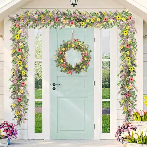 6 ft Spring Artificial Wildflower Garland Wisteria Lavender Garland Daisy and Lavender Faux Floral Vine Summer Floral Fake...
