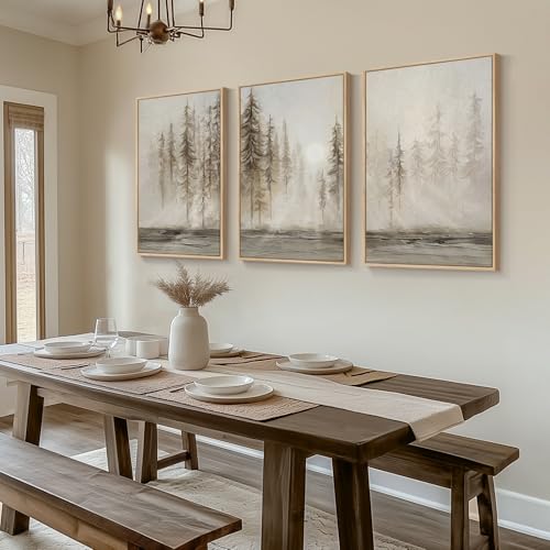 Framed Neutral Wall Art for Living Room, Large 3 Piece Abstract Pastel Grunge Forest Landscape Tree Canvas Artwork Set, Mo...