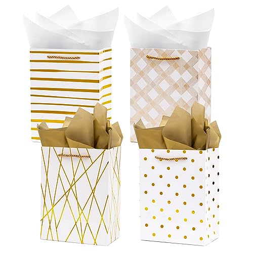 Nihuecne 9" Gift Bags Medium Size with Tissue Paper, 4 Pack White Gold Wrap Paper Gift Bags with Handles for Shopping Part...