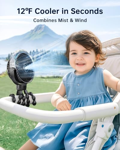 SWEETFULL Misting Stroller Fan – Portable Baby Fan with Spray Cooling, 4 Speeds, Quiet Rechargeable Fans for Travel, Outdo...
