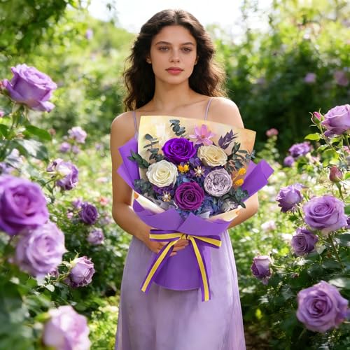 Yastouay 5 Pcs Glitter Purple Preserved Roses Bouquet for Mothers Day, Forever Flowers for Delivery Prime, Birthday Gifts ...