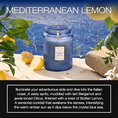 Voluspa Mediterranean Lemon Candle Jar, 18 oz, Coconut Wax Blend, Large Scented Candles for Home, 100 Hour Burn Time, Pour...