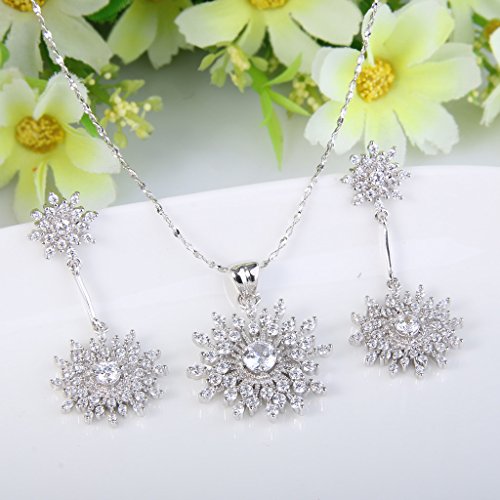 EVER FAITH Snowflake Jewelry Set White Cubic Zirconia Winter Party Prom 925 Sterling Silver Post Snow Flower Pendant Neckl...
